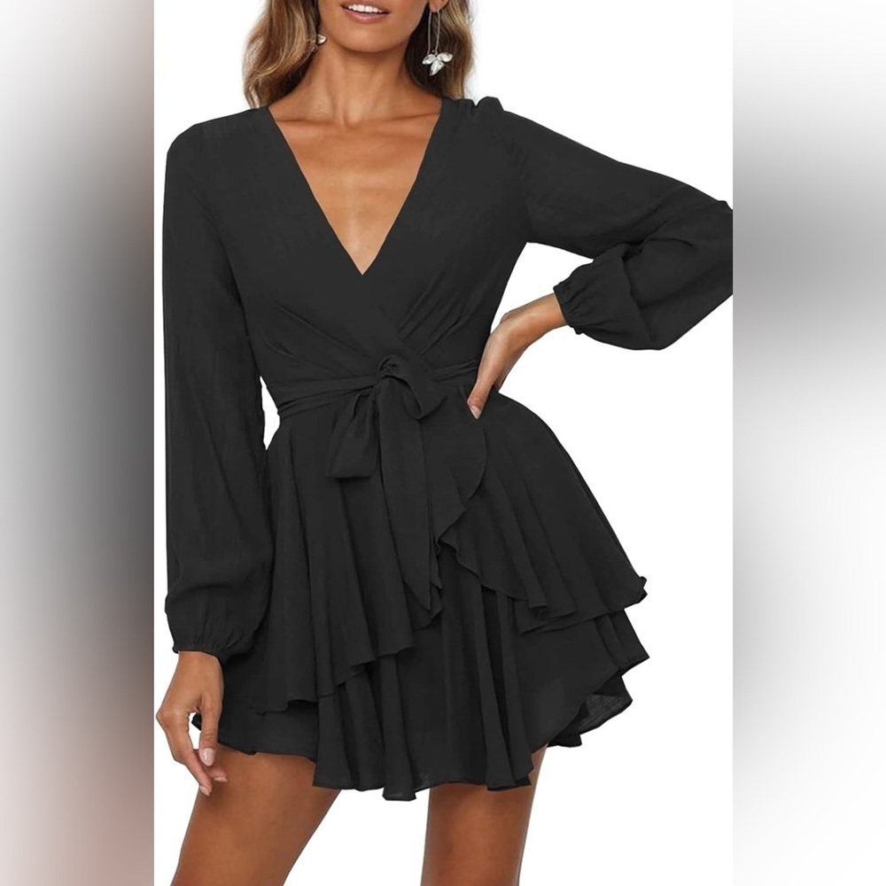 BIN#1 - AMAZON Women’s S V-Neck Ruffle Long Sleeved Tie Waist Swing Mini Dress